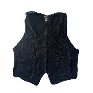 Vtg Suede Leather Vest Black Crochet
